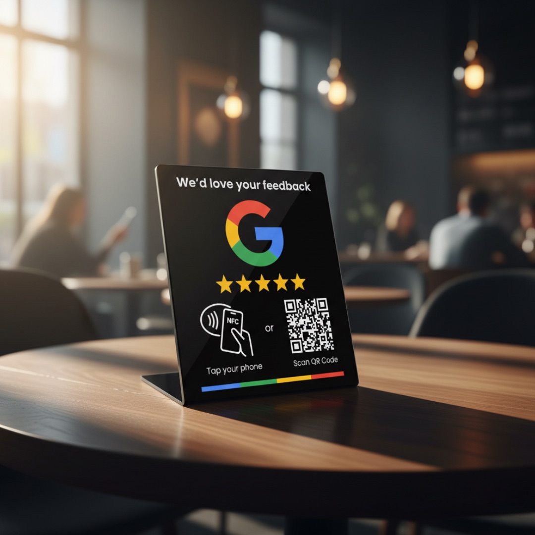 A tap-or-scan Google review stand on a café table